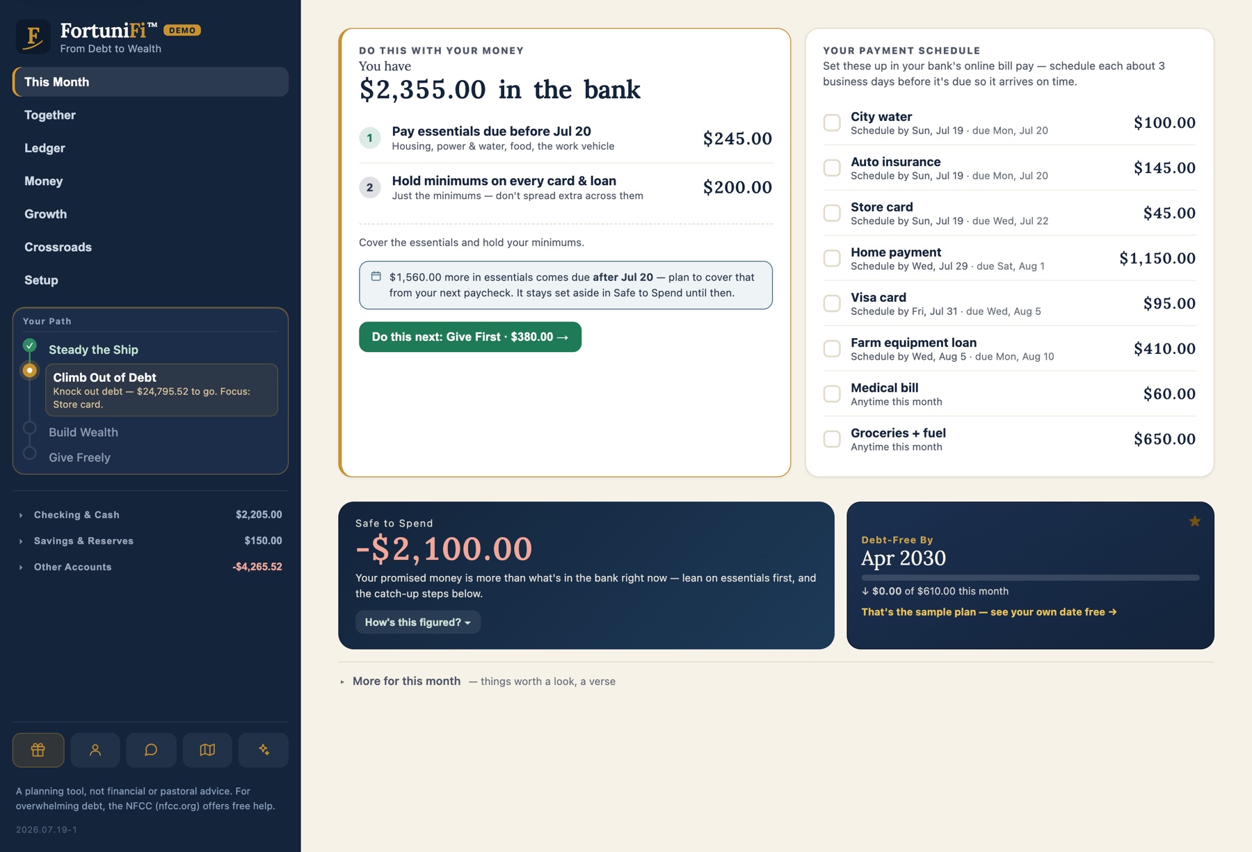 FortuniFi This Month — your one next move, every dollar in priority order