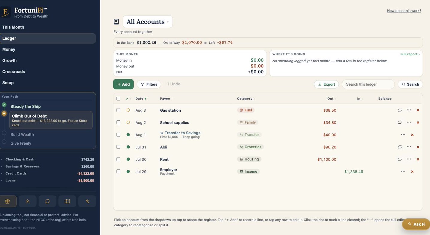 FortuniFi's ledger — every transaction categorized, with a running balance and a clear 