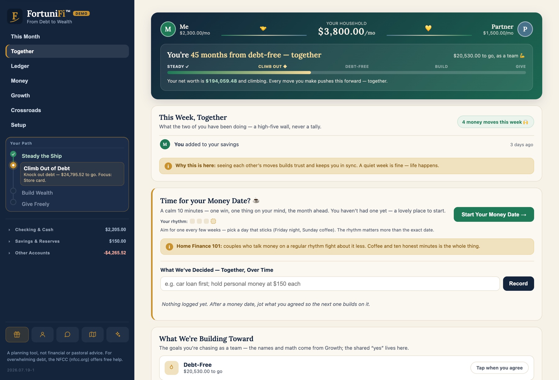 FortuniFi Together — one shared plan for both partners, one price