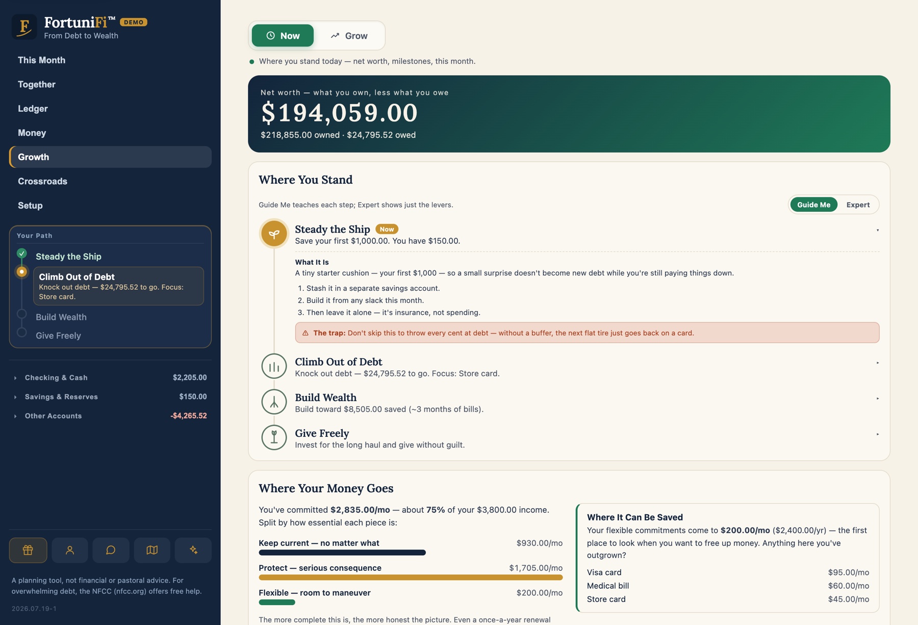 FortuniFi Growth — net worth climbing from debt to wealth
